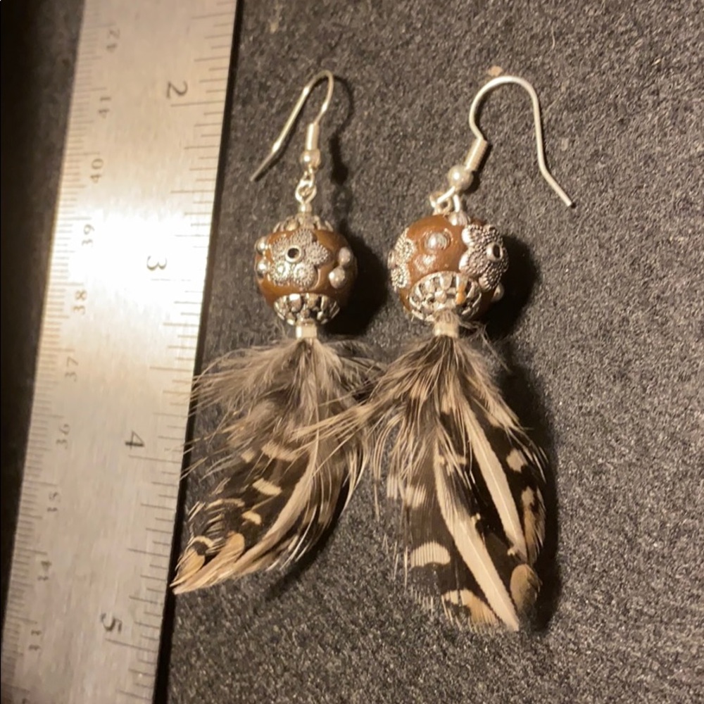 Aged silver beads and feathers boho earrings